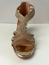 Load image into Gallery viewer, Crystal embellished kitten heel open-toed sandals with interlacing patterns  Good for parties and formal occasions. Comes in silver, gold, and black. Zipper at back of shoe for extra security with straps at ankle and foot. Low kitten heel for additional comfort. Gold color. White crystals.
