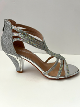 Load image into Gallery viewer, Crystal embellished kitten heel open-toed sandals with interlacing patterns  Good for parties and formal occasions. Comes in silver, gold, and black. Zipper at back of shoe for extra security with straps at ankle and foot. Low kitten heel for additional comfort. Silver color. White crystals.
