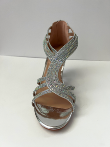 Crystal embellished kitten heel open-toed sandals with interlacing patterns  Good for parties and formal occasions. Comes in silver, gold, and black. Zipper at back of shoe for extra security with straps at ankle and foot. Low kitten heel for additional comfort. Silver color. White crystals.