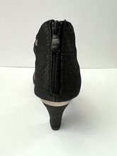 Load image into Gallery viewer, Crystal embellished kitten heel open-toed sandals with interlacing patterns  Good for parties and formal occasions. Comes in silver, gold, and black. Zipper at back of shoe for extra security with straps at ankle and foot. Low kitten heel for additional comfort. Black color. Black crystals.
