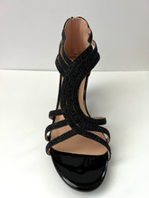 Load image into Gallery viewer, Crystal embellished kitten heel open-toed sandals with interlacing patterns  Good for parties and formal occasions. Comes in silver, gold, and black. Zipper at back of shoe for extra security with straps at ankle and foot. Low kitten heel for additional comfort. Black color. Black crystals.
