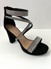 Load image into Gallery viewer, Strappy platform sandal heel with crystal embellishments. Comes in gold, silver, and black. Good for parties and formal occasions. Criss-cross front pattern. Wedge high heel for more support. Black color. White crystals.