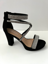 Load image into Gallery viewer, Strappy platform sandal heel with crystal embellishments. Comes in gold, silver, and black. Good for parties and formal occasions. Criss-cross front pattern. Wedge high heel for more support. Black color. White crystals.