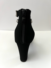 Load image into Gallery viewer, Strappy platform sandal heel with crystal embellishments. Comes in gold, silver, and black. Good for parties and formal occasions. Criss-cross front pattern. Wedge high heel for more support. Black color. White crystals.