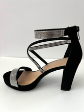 Load image into Gallery viewer, Strappy platform sandal heel with crystal embellishments. Comes in gold, silver, and black. Good for parties and formal occasions. Criss-cross front pattern. Wedge high heel for more support. Black color. White crystals.
