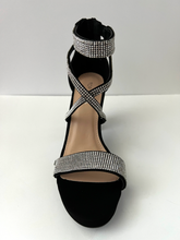 Load image into Gallery viewer, Strappy platform sandal heel with crystal embellishments. Comes in gold, silver, and black. Good for parties and formal occasions. Criss-cross front pattern. Wedge high heel for more support. Black color. White crystals.
