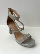 Load image into Gallery viewer, Strappy platform sandal heel with crystal embellishments. Comes in gold, silver, and black. Good for parties and formal occasions. Criss-cross front pattern. Wedge high heel for more support. Silver color. White crystals.