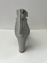Load image into Gallery viewer, Strappy platform sandal heel with crystal embellishments. Comes in gold, silver, and black. Good for parties and formal occasions. Criss-cross front pattern. Wedge high heel for more support. Silver color. White crystals.