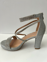 Load image into Gallery viewer, Strappy platform sandal heel with crystal embellishments. Comes in gold, silver, and black. Good for parties and formal occasions. Criss-cross front pattern. Wedge high heel for more support. Silver color. White crystals.