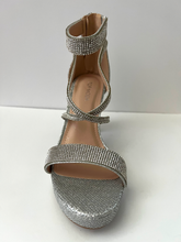 Load image into Gallery viewer, Strappy platform sandal heel with crystal embellishments. Comes in gold, silver, and black. Good for parties and formal occasions. Criss-cross front pattern. Wedge high heel for more support. Silver color. White crystals.