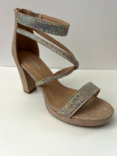 Load image into Gallery viewer, Strappy platform sandal heel with crystal embellishments. Comes in gold, silver, and black. Good for parties and formal occasions. Criss-cross front pattern. Wedge high heel for more support. Gold color. White crystals.