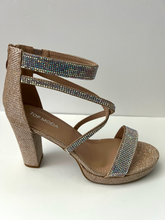 Load image into Gallery viewer, Strappy platform sandal heel with crystal embellishments. Comes in gold, silver, and black. Good for parties and formal occasions. Criss-cross front pattern. Wedge high heel for more support. Gold color. White crystals.