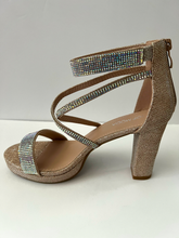 Load image into Gallery viewer, Strappy platform sandal heel with crystal embellishments. Comes in gold, silver, and black. Good for parties and formal occasions. Criss-cross front pattern. Wedge high heel for more support. Gold color. White crystals.