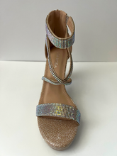 Load image into Gallery viewer, Strappy platform sandal heel with crystal embellishments. Comes in gold, silver, and black. Good for parties and formal occasions. Criss-cross front pattern. Wedge high heel for more support. Gold color. White crystals.