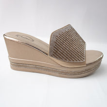 Load image into Gallery viewer, Gold slip-on wedges with crystals embellishing the upper strap. (side view)
