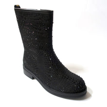 Load image into Gallery viewer, Black boots with a side-zipper.   Inner side-zipper. Cut at the mid-calf. Round-toe. Suede-like upper with black crystal embellishments.
