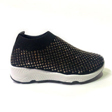 Load image into Gallery viewer,  Super comfortable and easy to slip-on black crystal-embellished slip-on sneakers.  Entire upper embellished with crystals. Slip-on style. Textile upper with plenty of stretch for added comfort. Padded insole for comfort.
