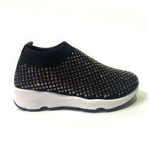  Super comfortable and easy to slip-on black crystal-embellished slip-on sneakers.  Entire upper embellished with crystals. Slip-on style. Textile upper with plenty of stretch for added comfort. Padded insole for comfort.