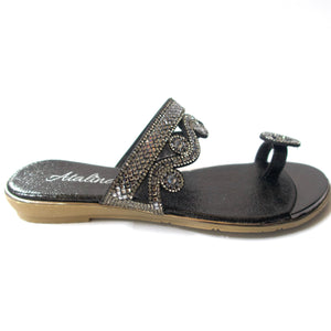 A black toe-ring sandal with crystal embellishments.