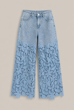 Load image into Gallery viewer, light-blue-denim-lace-overlay-wide-leg-pants — stone gray product hero image
