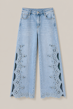Load image into Gallery viewer, light-wash-eyelet-floral-cutout-wide-leg-jeans — stone gray product hero image
