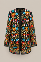 Load image into Gallery viewer, black-multicolor-floral-embroidered-jacket — stone gray product hero image
