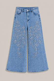 Load image into Gallery viewer, Floral Appliqué Wide-Leg Denim Pants — stone gray product hero image
