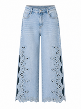 Load image into Gallery viewer, light wash eyelet floral cutout wide leg jeans - hero

