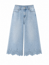 Load image into Gallery viewer, light blue wide leg denim pants scalloped lace hem - hero
