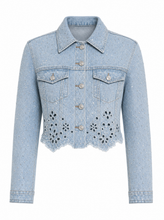 Load image into Gallery viewer, light wash eyelet denim jacket - hero
