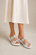 Load image into Gallery viewer, Pure Elegance Platform Slide with Crystal Medallion Embellishments — stone grey model image
