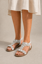 Load image into Gallery viewer, Medallion Circle Comfort T-Strap Sandal — stone grey model image
