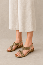 Load image into Gallery viewer, Shimmer Crystal Cross-Band Wedge Slide — stone grey model image
