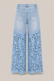 Load image into Gallery viewer, light-blue-denim-lace-overlay-wide-leg-pants — stone gray product back image

