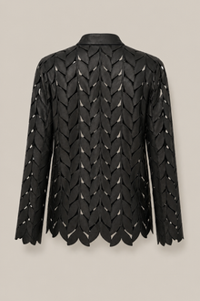 Load image into Gallery viewer, black-laser-cut-jacket — stone gray product back image
