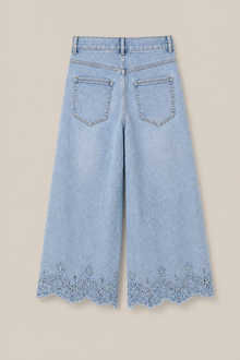 Load image into Gallery viewer, light-blue-wide-leg-denim-pants-scalloped-lace-hem — stone gray product back image
