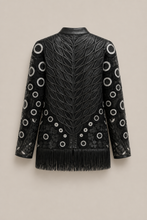 Load image into Gallery viewer, black-fringe-embroidered-jacket — stone gray product back image
