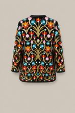 Load image into Gallery viewer, black-multicolor-floral-embroidered-jacket — stone gray product back image

