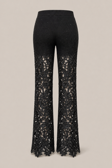 Load image into Gallery viewer, black-embellished-lace-applique-pants — stone gray product back image
