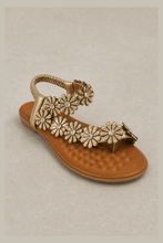 Load image into Gallery viewer, Gold Floral Toe Ring Slingback Flat Sandals — stone grey product image
