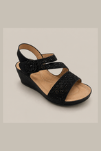 Load image into Gallery viewer, Black Floral Crystal T-Strap Sandal with Elastic Comfort Strap — stone grey product image
