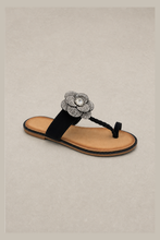 Load image into Gallery viewer, Garden Elastic T-Strap Sandal with Crystal Flowers — stone grey product image
