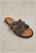 Load image into Gallery viewer, Crystal Embellished Flat Slip-On Sandals (Black/Silver) — stone grey product image
