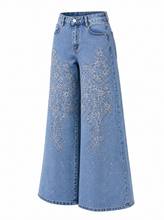 Load image into Gallery viewer, light blue embroidered denim skirt - product-three-quarter-front
