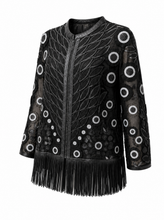 Load image into Gallery viewer, black fringe embroidered jacket - product-three-quarter-front
