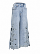 Load image into Gallery viewer, light wash eyelet floral cutout wide leg jeans - product-three-quarter-front
