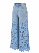 Load image into Gallery viewer, light blue denim lace overlay wide leg pants - product-three-quarter-front
