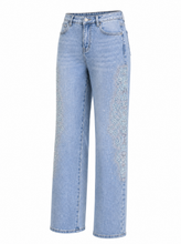 Load image into Gallery viewer, light blue wide leg embroidered denim pants - product-three-quarter-front
