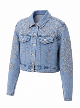 Load image into Gallery viewer, embellished light wash denim jacket pair 01 - product-three-quarter-front
