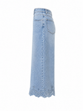 Load image into Gallery viewer, light blue wide leg denim pants scalloped lace hem - product-side

